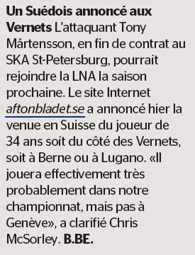 Ce ne sera pas Genève pour Tony Mårtensson selon McSorley